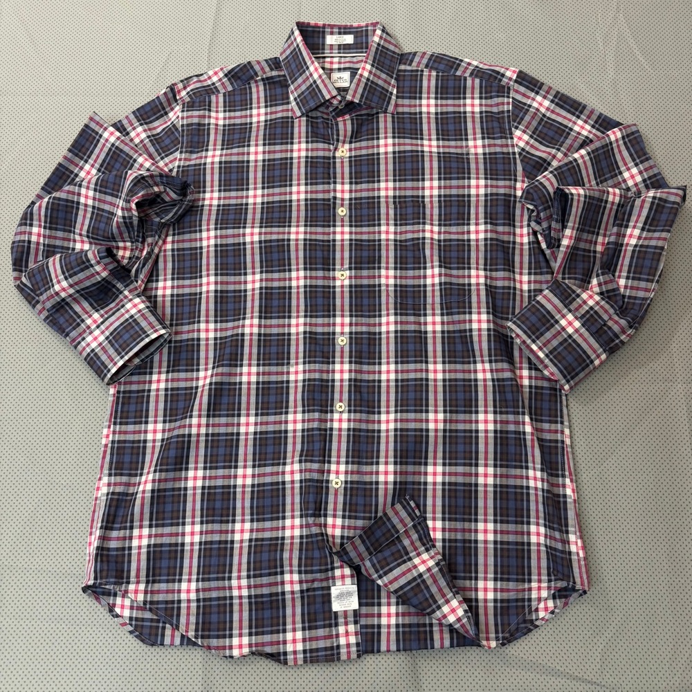 Peter Millar Collection Button Down Men L Navy Plaid Long Sleeve Dress Shirt